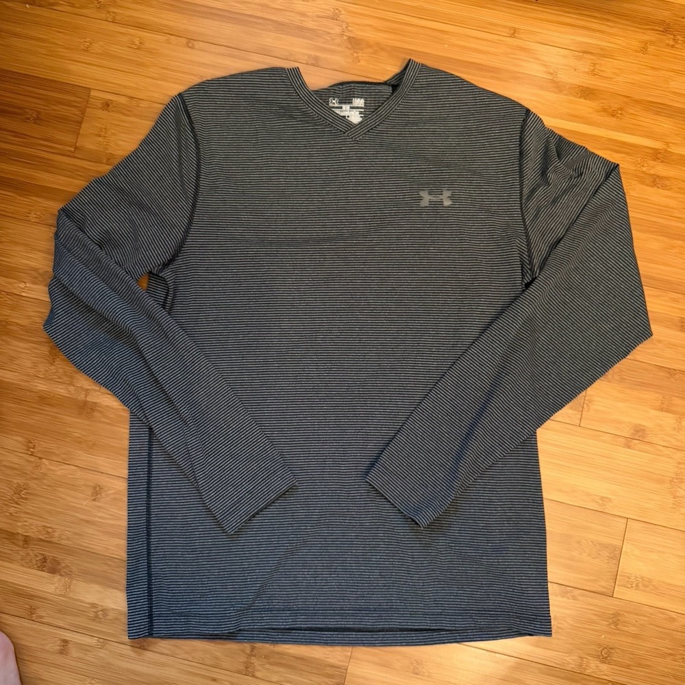 Under Armour ColdGear Fitted Shirt Mens Large Black Gray Stripe Compression Top